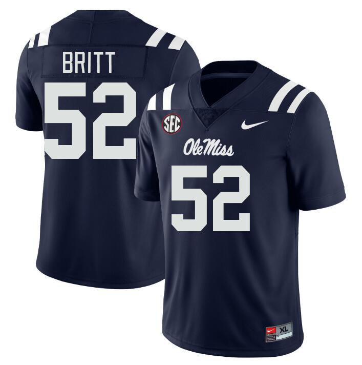 Men #52 Christian Britt Ole Miss Rebels College Football Jerseyes Stitched Sale-Navy